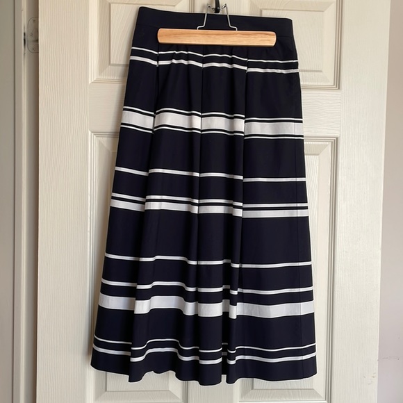 Ann Taylor Navy & White Striped Cotton Pleated Midi Skirt - Picture 1 of 5